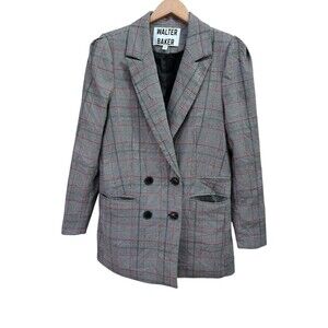 Walter Baker Womens S Blazer Gray Black Plaid Long Sleeve Button Front Jacket
